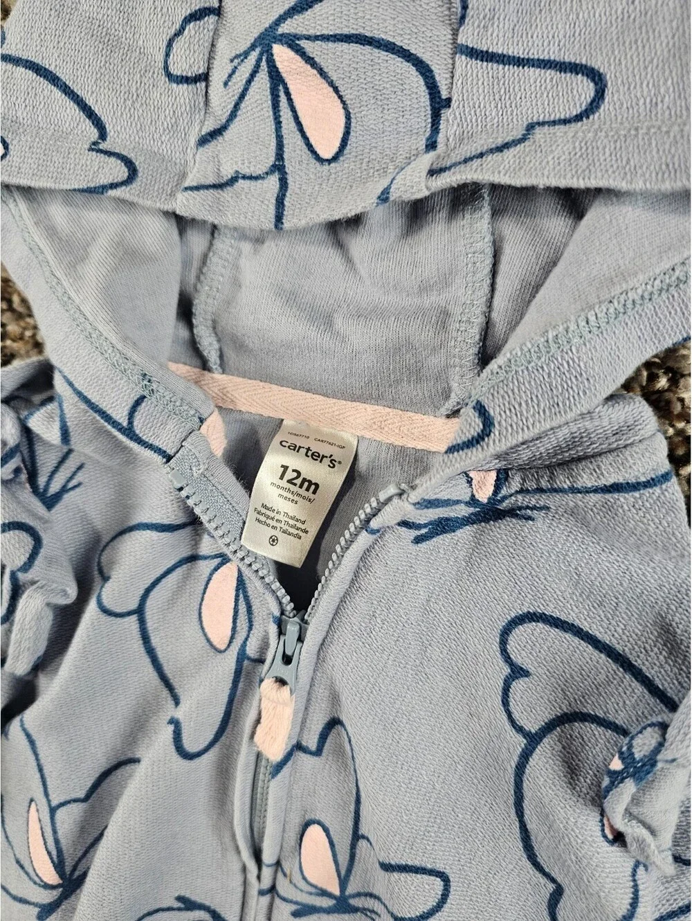 Carters Baby Girls Sz 12M Zip Up Hoodie Sweatshirt Light Purple Butterfly Print